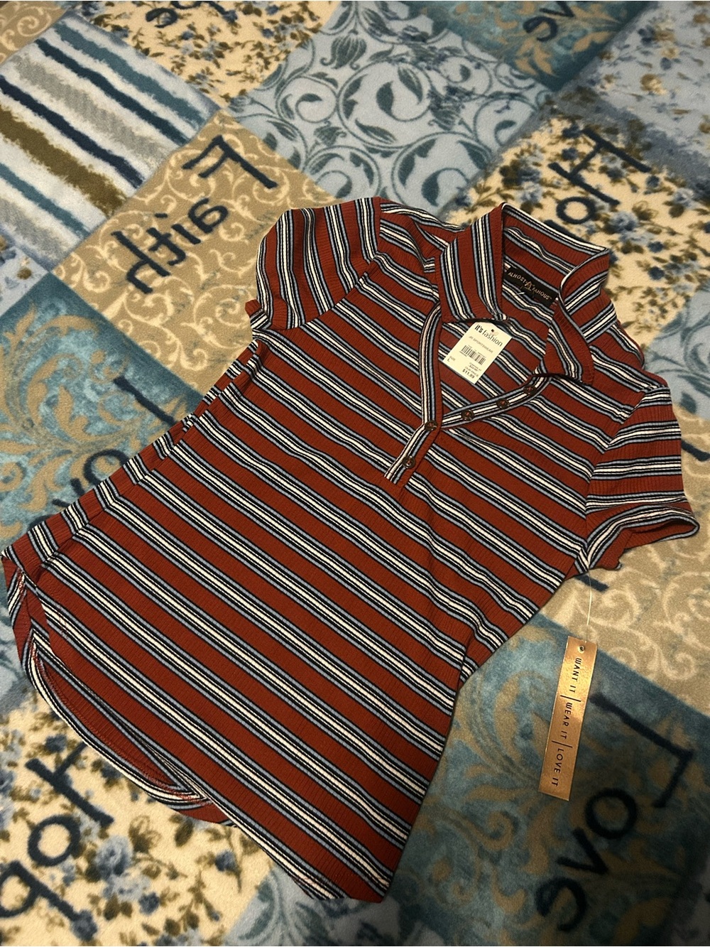 Almost Famous Striped Henley in Rust, White & Black